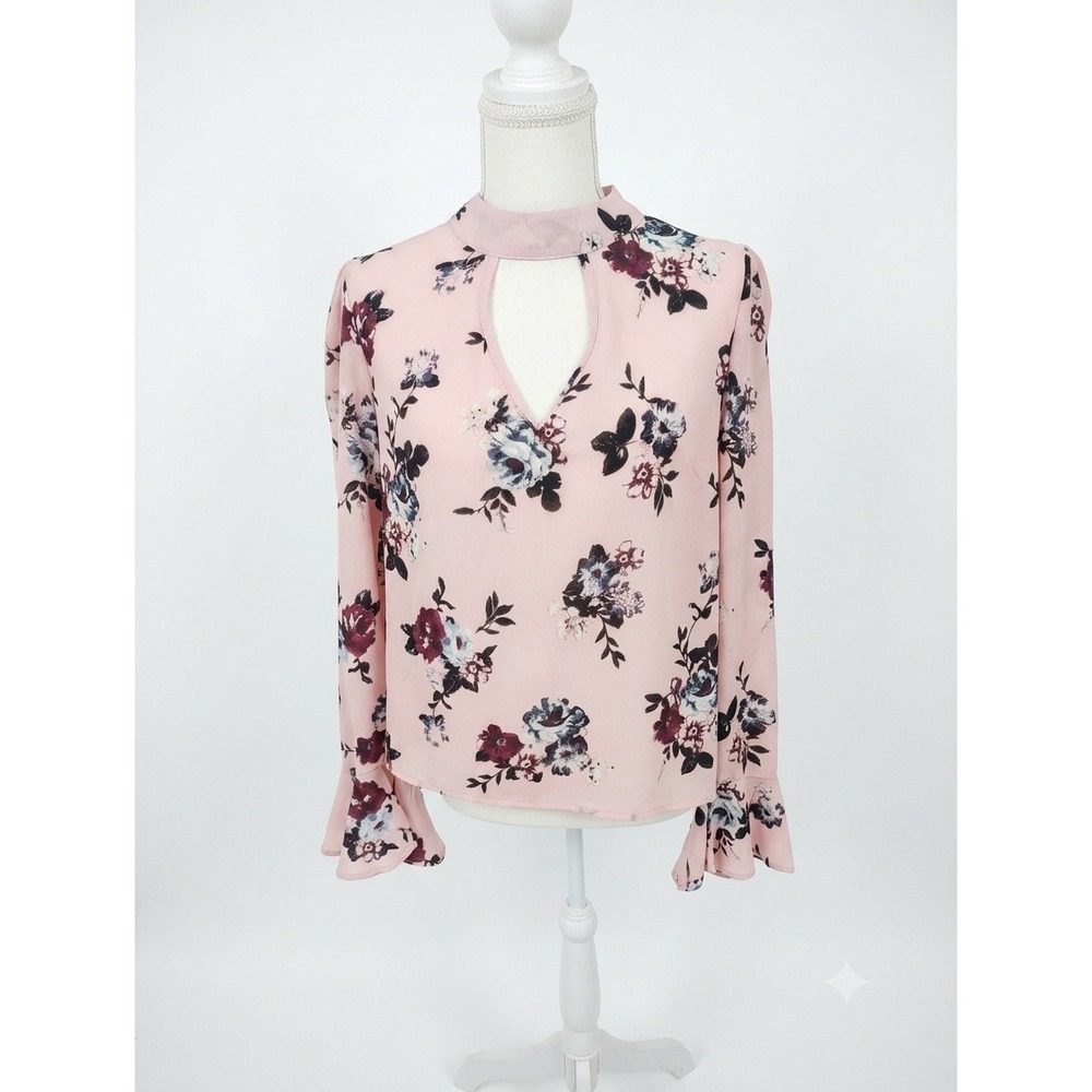 Living Doll LA Pink Floral Keyhole Mock Neck Bell Sleeve Blouse Size S